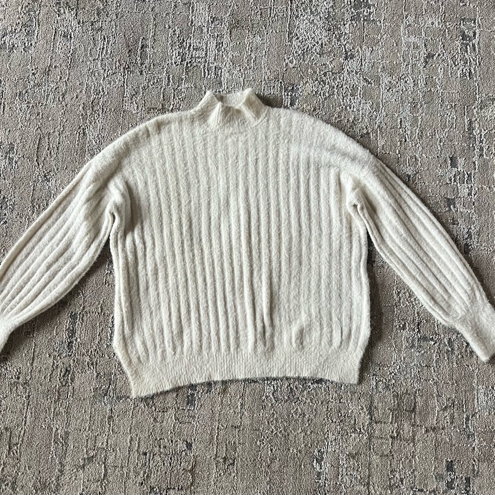Jessica Simpson White Cowl Neck Sweater with Ribbed Knit and Relaxed Fit